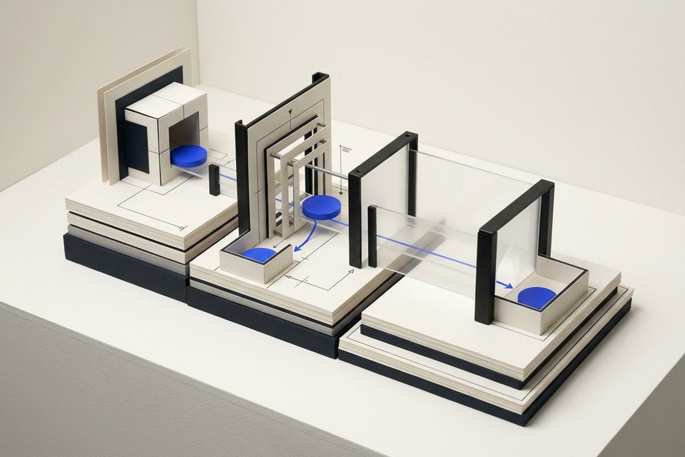Blue tokens move through transparent and black test frames while one route diverts into a safe holding tray.
