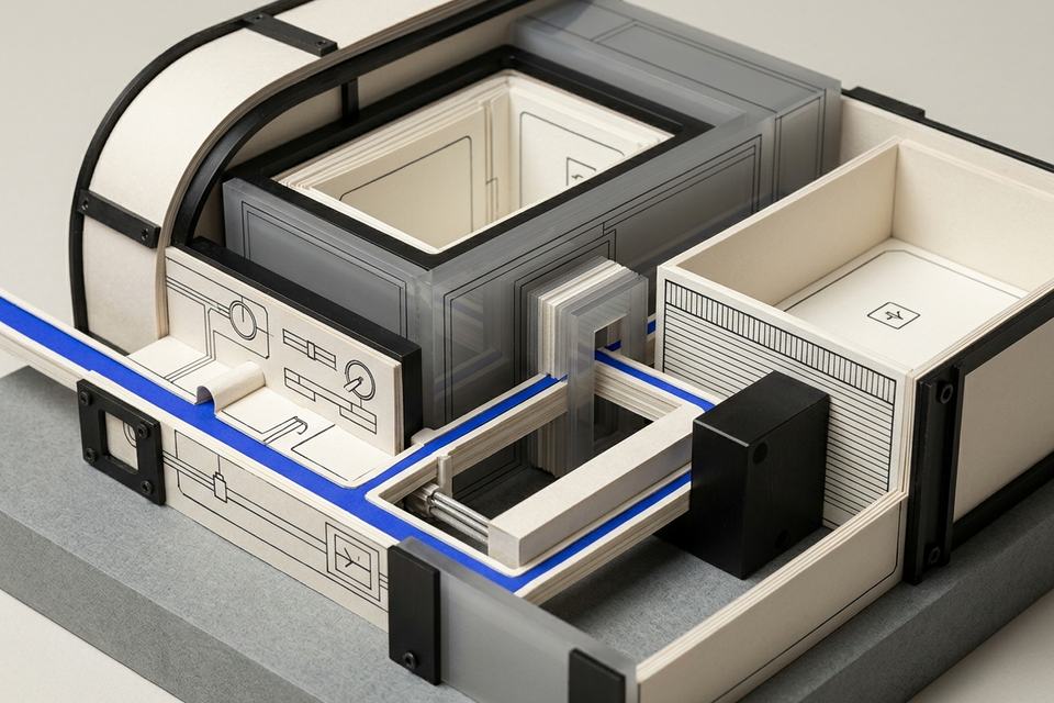A blue command route enters a guarded black-and-bone artifact chamber through layered inspection gates.