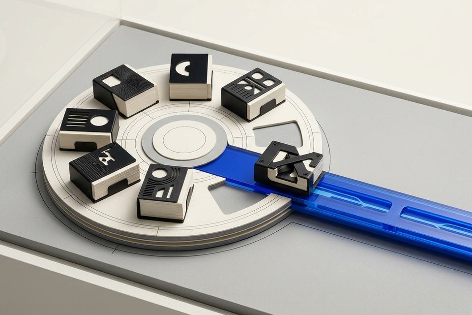 Black-and-bone tool modules circle a selector that feeds one chosen module onto a blue execution rail.