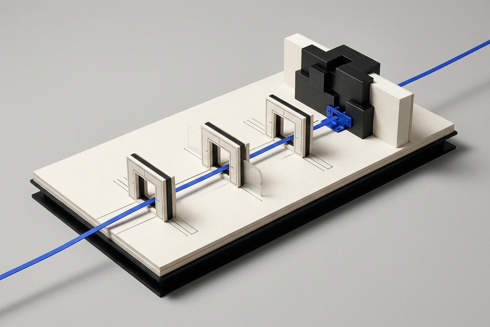 A blue route crosses three square checkpoints before meeting a black mechanical stop in a miniature architectural model.