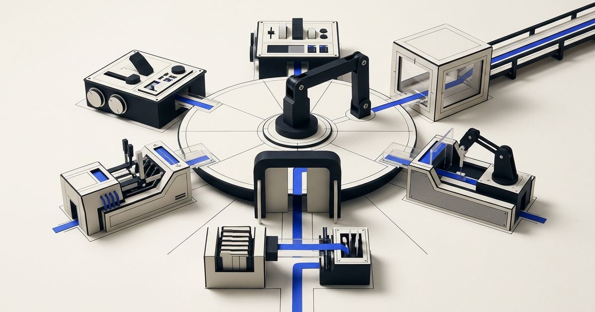 A physical miniature agent system links memory, tools, approval, artifact handling and handoff around a blue task route.